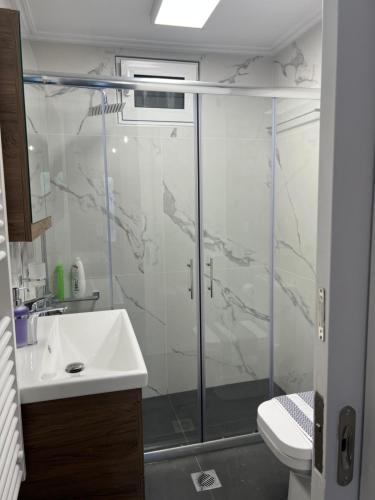 een badkamer met een douche, een wastafel en een toilet bij Όμορφη μονοκατοικία με 2 υπνοδωμάτια και τζάκι in Nafpaktos