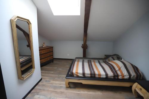 a bedroom with a bed and a mirror at Appartement neuf climatisé in Aramits