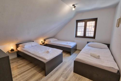 a room with two beds and a window at AUžlak hiša, apartments. in Luče