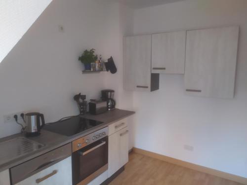 a kitchen with white cabinets and a sink at FeWo Apfelbaum in Saarbrücken