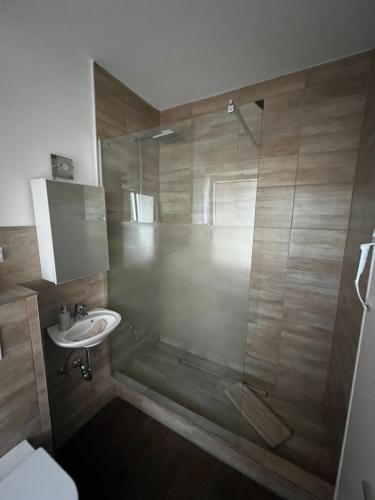 a bathroom with a shower and a sink at New Renovated and near Centrum in Lübeck