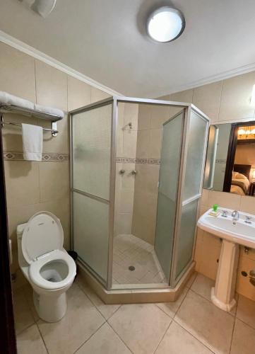 a bathroom with a shower and a toilet and a sink at Sofia's B&B Hostal Boutique in Panama City