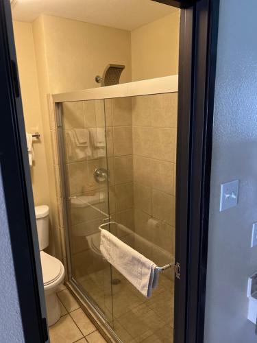 a bathroom with a glass shower with a toilet at Four Winds Motel & RV Park in Carrizozo