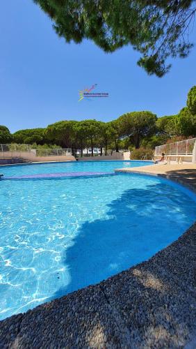 une grande piscine d'eau bleue avec un plan dans le ciel dans l'établissement Studio 137 Port Camargue, Piscine, Climatisation, 4 personnes, au Grau-du-Roi