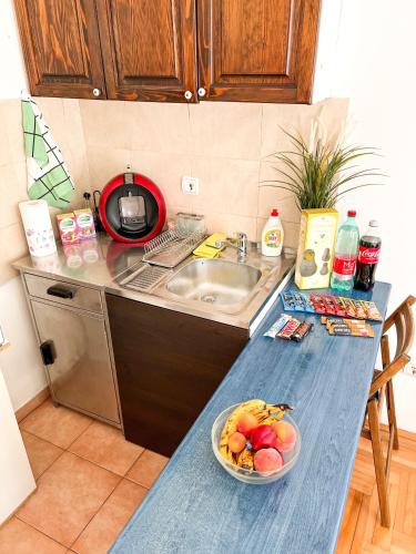 a kitchen with a sink and a bowl of fruit on a counter at Panda Apartment in Karaburma