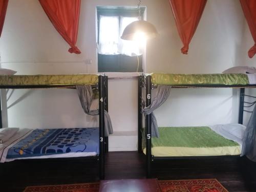 two bunk beds in a room with a window at Hostal Gastro Bar Casa Colibrí in Bogotá