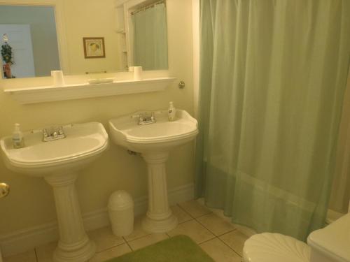 y baño con lavabo, espejo y ducha. en The Parrsboro Mansion Inn, en Parrsboro