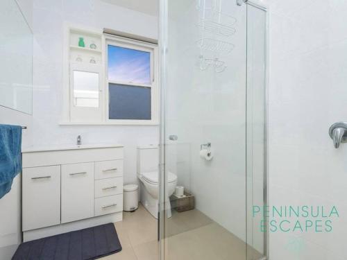 a white bathroom with a toilet and a glass shower at The Buoys in Blairgowrie