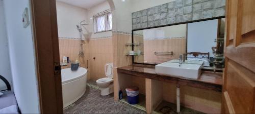 a bathroom with a sink and a toilet and a mirror at Kenyalang Lutong Homestay in Miri