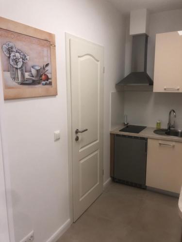 a kitchen with a white door and a sink at Hotellerie Gasthaus Schubert in Garbsen