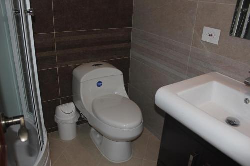 a bathroom with a white toilet and a sink at Hotel Palonegro in Bucaramanga