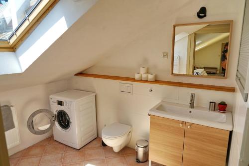 a bathroom with a washing machine and a sink at Tichý a slnečný loft Mikovini v rušnom centre Štiavnice in Banská Štiavnica
