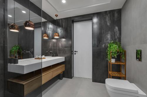 Apartman Villa Soll في Drašnice: حمام مع حوض ومرحاض