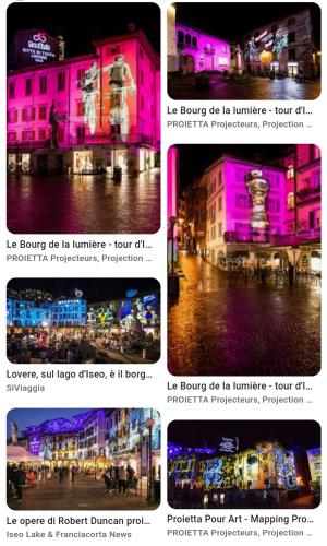 a collage of pictures of a building with purple lights at Casa Tiziana in Sovere