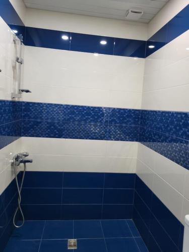 a blue and white bathroom with a shower with blue tiles at Ralina Restaurant and Hotel in Davalinskiy Tsemzavod
