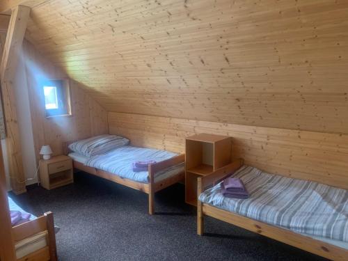 a room with two beds in a log cabin at Penzion U Orla in Petříkov