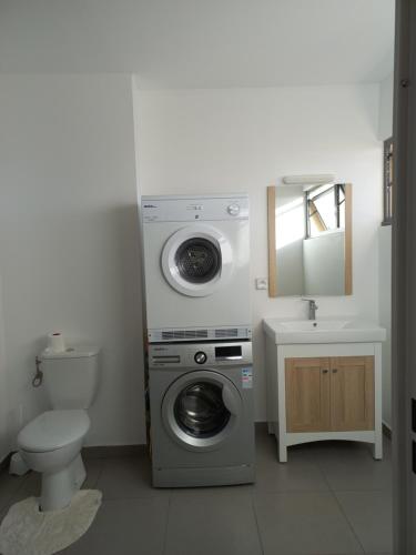 una lavatrice in bagno con servizi igienici e lavandino di Vaea's Place a Papeete