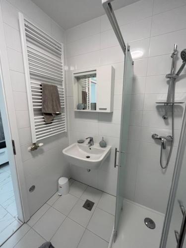 a white bathroom with a sink and a shower at Apartman Anton in Zagreb