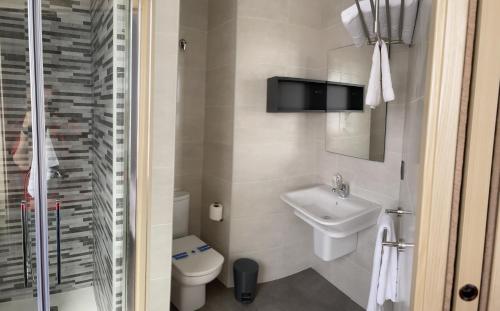 La salle de bains est pourvue d'un lavabo, de toilettes et d'une télévision. dans l'établissement Pensión A Carballeira, à Villalba
