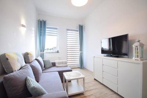 een woonkamer met een bank en een flatscreen-tv bij Apartament Rafa Koralowa in Dziwnówek