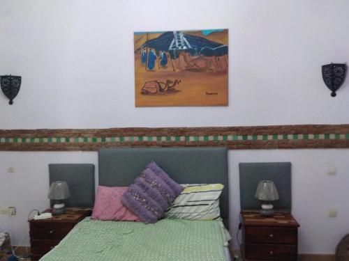 een slaapkamer met een bed met kussens en een schilderij bij Dar Sam - Purple Room in Rabat