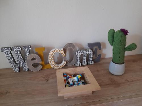 a wooden sign with a cactus and a box of toys at Le Panchette _ Pool & Bike in Salionze