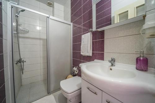 a bathroom with a sink and a shower and a toilet at Karia Apart&Pension in Mesudiye