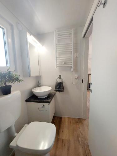 a white bathroom with a toilet and a sink at Mobile Home Mar Vista Selce in Selce