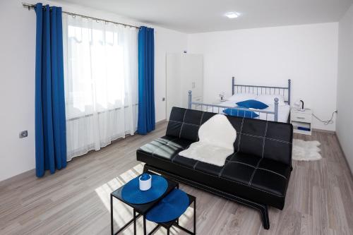 a living room with a black couch and a bed at Apartment Izvir Lahinje in Dragatuš