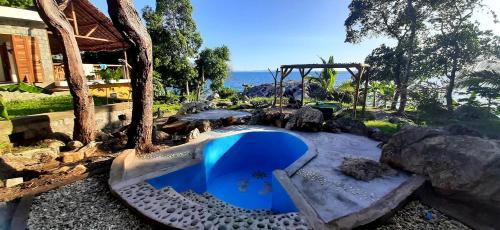 a swimming pool with a blue tub in a yard at Villa c'est la vie in Nosy Komba