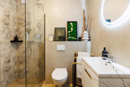 a bathroom with a shower and a toilet and a sink at Stylowe apartamenty in Charzykowy