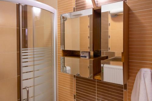 a bathroom with a shower and a large mirror at Szent Imre Apartman in Veszprém