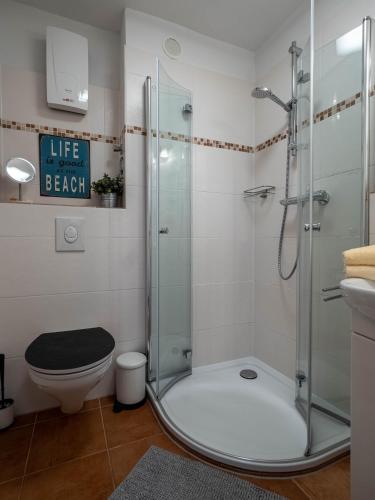 a bathroom with a shower and a toilet at Ferienwohnung Abendsonne in Wenningstedt