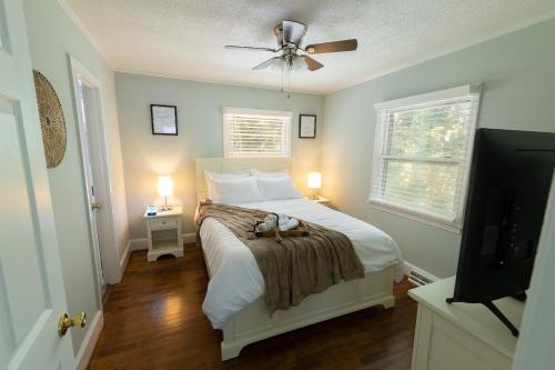 1 dormitorio con 1 cama y ventilador de techo en Cute n' Comfy Capers, en Columbia