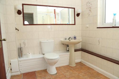 a bathroom with a toilet and a sink and a mirror at cosy 3-bed bungalow nec airport close to amenities in Birmingham