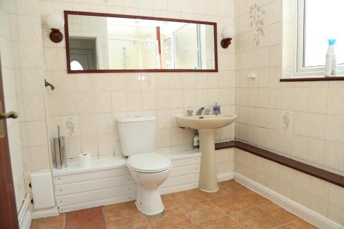 a bathroom with a toilet and a sink and a mirror at cosy 3-bed bungalow nec airport close to amenities in Birmingham