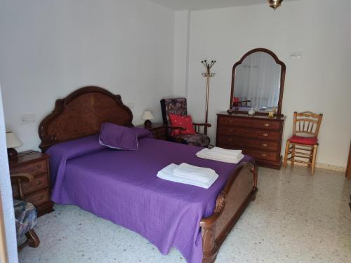 a bedroom with a bed with purple sheets and a mirror at Casa Ventana Cazorla in Cazorla