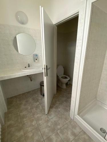 a bathroom with a toilet and a sink and a mirror at Penzion Zahrada Čech in Litoměřice