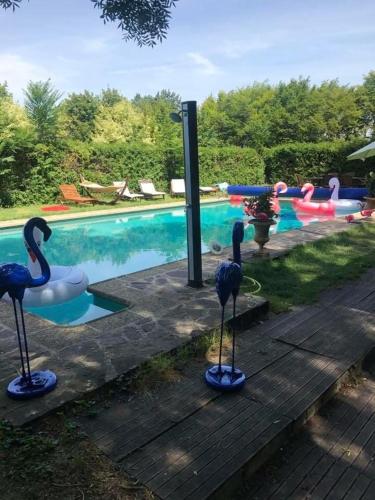 une piscine avec deux installations de flamme à côté d'une piscine dans l'établissement Manoir somptueux à Messas avec piscine privée et grand jardin., à Messas