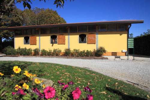 a yellow building with windows and flowers in the foreground at Agriturismo Monsereno Horses in Imbersago