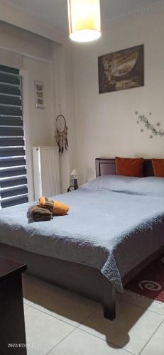 テッサロニキにあるmodern&comfortable apartment Euosmos Thessalonikiのベッドルーム1室(大型ベッド1台、青い掛け布団付)