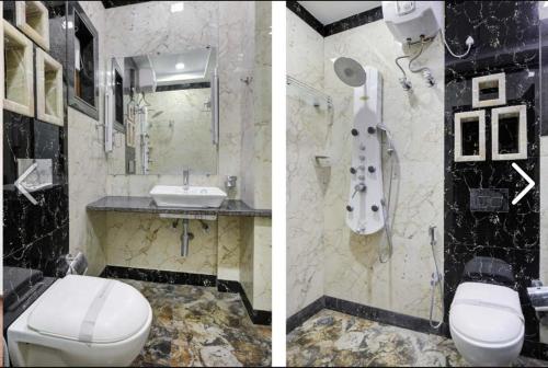 two pictures of a bathroom with a toilet and a sink at ZEST DAMODAR GARH - The Stress Free Zone in Jodhpur