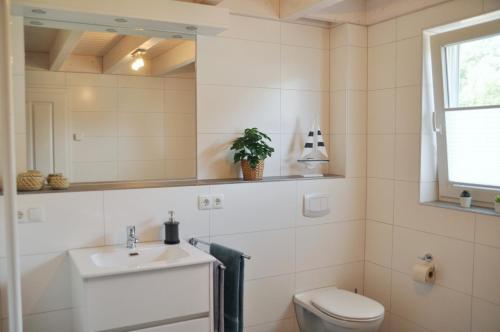 a bathroom with a sink and a toilet and a mirror at Vechtestübchen - Nordhorn in Nordhorn