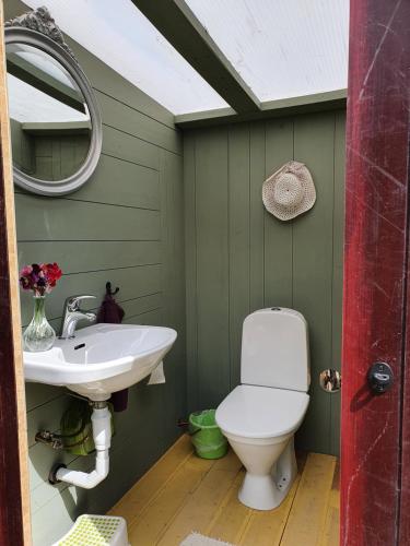 uma casa de banho com um WC, um lavatório e um espelho. em Sjönära enkel övernattningsstuga på berg med terrass, toilet in other house, No shower em Åkersberga