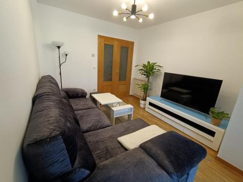 a living room with a couch and a flat screen tv at Apt. Descenso del Sella, Arriondas in Arriondas