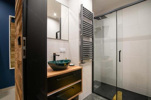 カトヴィツェにあるThe Pop Art Apartmentのバスルーム(洗面台、ガラス張りのシャワー付)