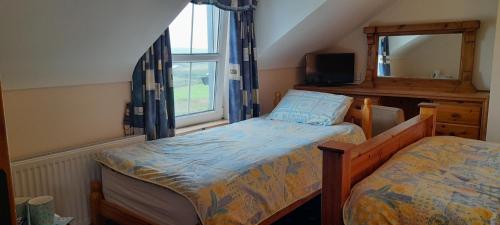 a bedroom with two twin beds and a mirror at Doolinsunset in Doolin