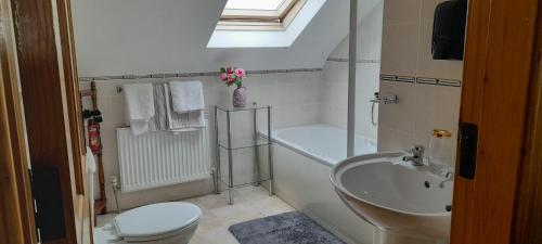 a bathroom with a sink and a toilet and a bath tub at Doolinsunset in Doolin