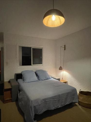 a bedroom with a large bed and a light at Studio Le Brusc in Six-Fours-les-Plages
