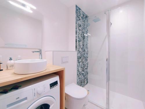 une salle de bain avec un lavabo et une machine à laver dans l'établissement Kutxa Belza au coeur de Bayonne, à Bayonne